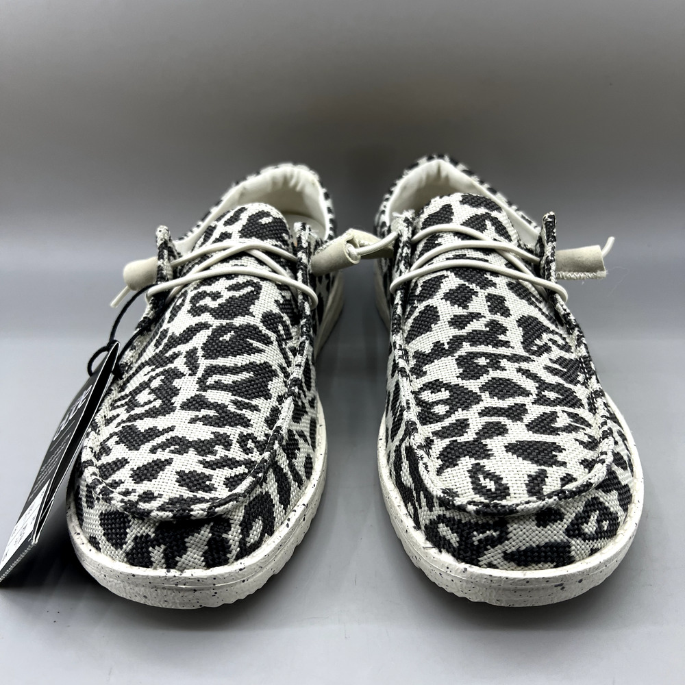 Hey Dude Women's Leopard Print Canvas Flats in Black and White